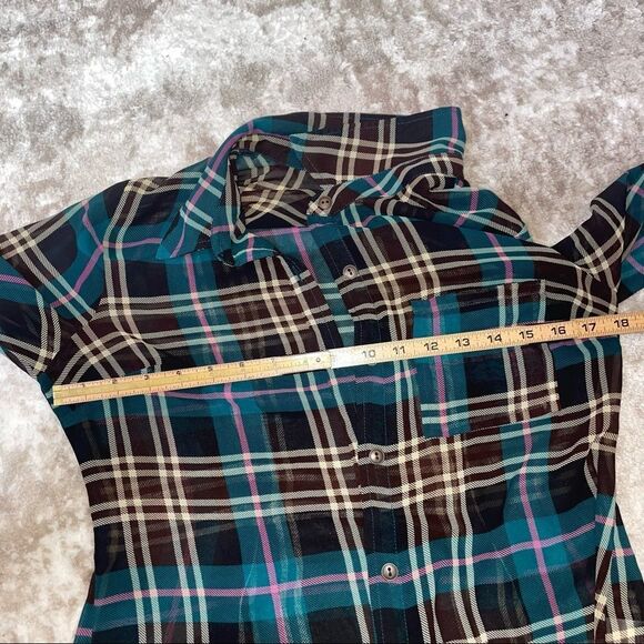 ModCloth blue, black and white plaid button up semi sheer collared blouse/top - Picture 7 of 8
